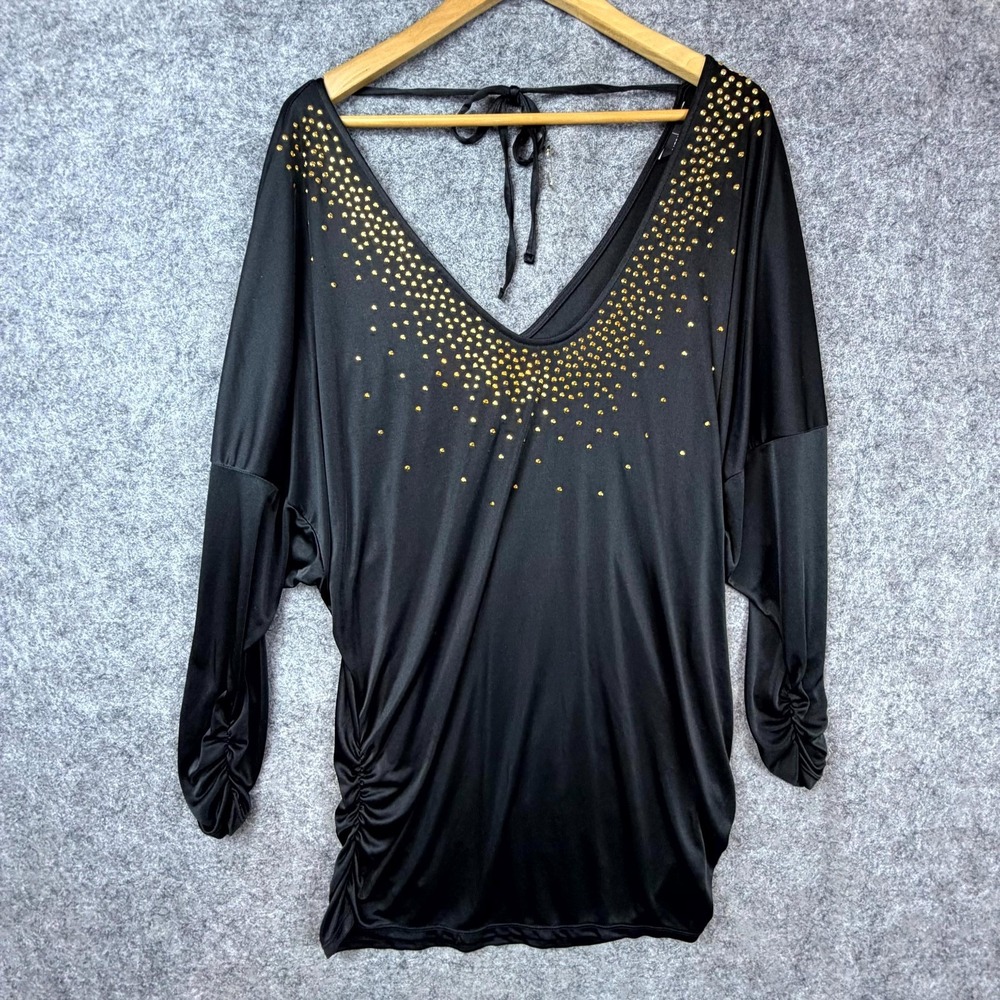 Vintage Moda International Tunic Top Womens XL Black Gold Slouchy Beaded Draped